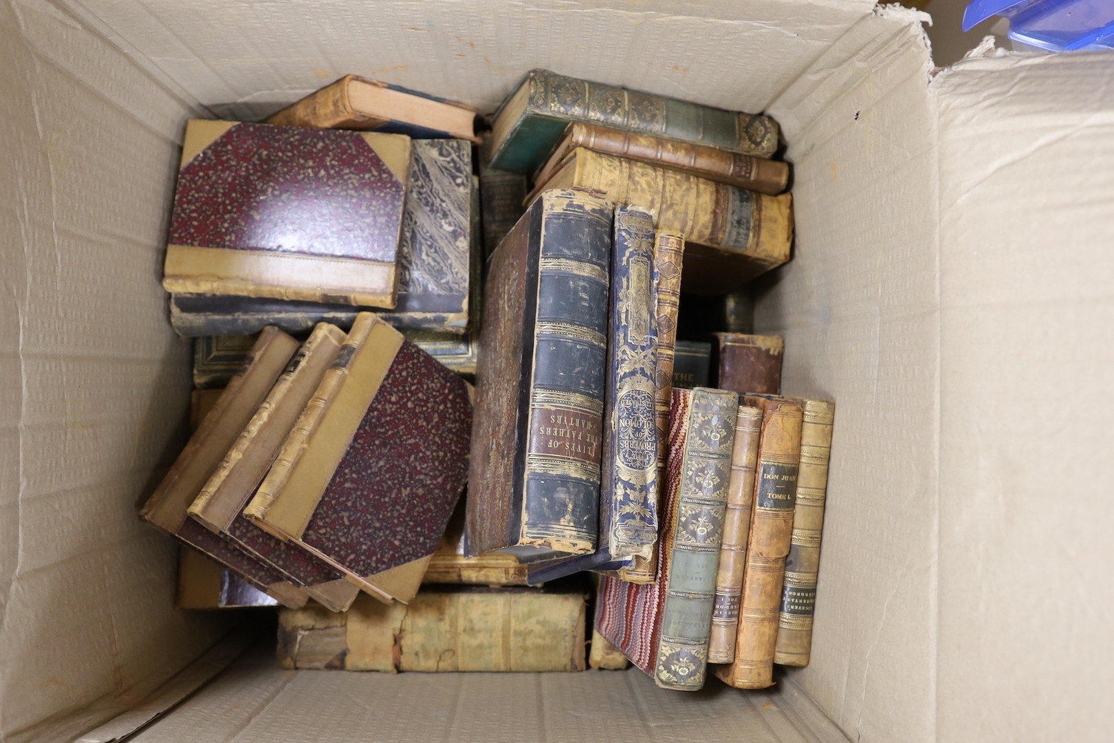 Two boxes of mixed 19th and 20th century leather bound books